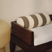 Load image into Gallery viewer, Lifestyle closeup of cream and beige wool bouclé striped bolster cushion