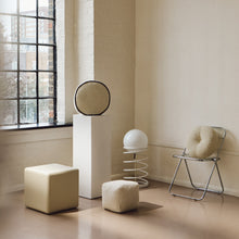 Load image into Gallery viewer, Cream wool bouclé round piped cushion on plinth - handmade in UK