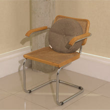 Load image into Gallery viewer, Beige wool bouclé round cushion on chair - handmade in UK