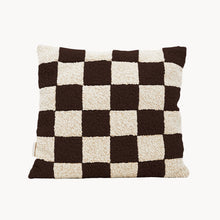 Load image into Gallery viewer, Cream and brown wool bouclé checkered square cushion - handmade in UK
