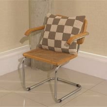 Load image into Gallery viewer, Cream and beige wool bouclé checkered square cushion on chair - handmade in UK