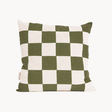 Load image into Gallery viewer, Cream and green cotton corduroy checkered square cushion - handmade in UK