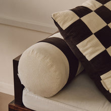 Load image into Gallery viewer, Close up shot of cream and brown cotton corduroy checkered square cushion
