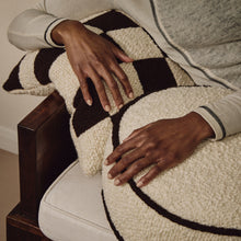 Load image into Gallery viewer, Cream wool bouclé round piped cushion on daybed - handmade in UK
