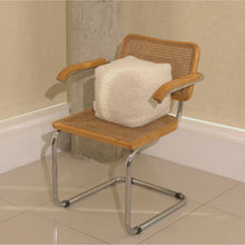 Load image into Gallery viewer, Cream wool bouclé cube cushion on chair - handmade in UK
