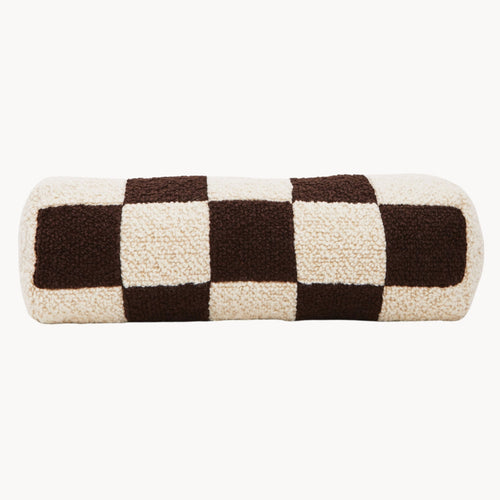 Cream and brown wool bouclé checkered bolster cushion - handmade in UK