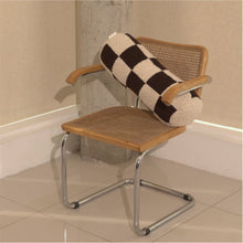 Load image into Gallery viewer, Cream and brown wool bouclé checkered bolster cushion on chair - handmade in UK
