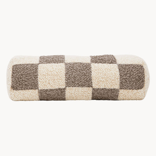 Cream and beige wool bouclé checkered bolster cushion - handmade in UK