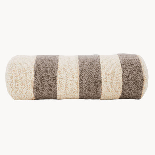 Cream and beige wool bouclé striped bolster cushion - handmade in UK