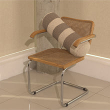 Load image into Gallery viewer, Cream and beige wool bouclé striped bolster cushion on chair - handmade in UK
