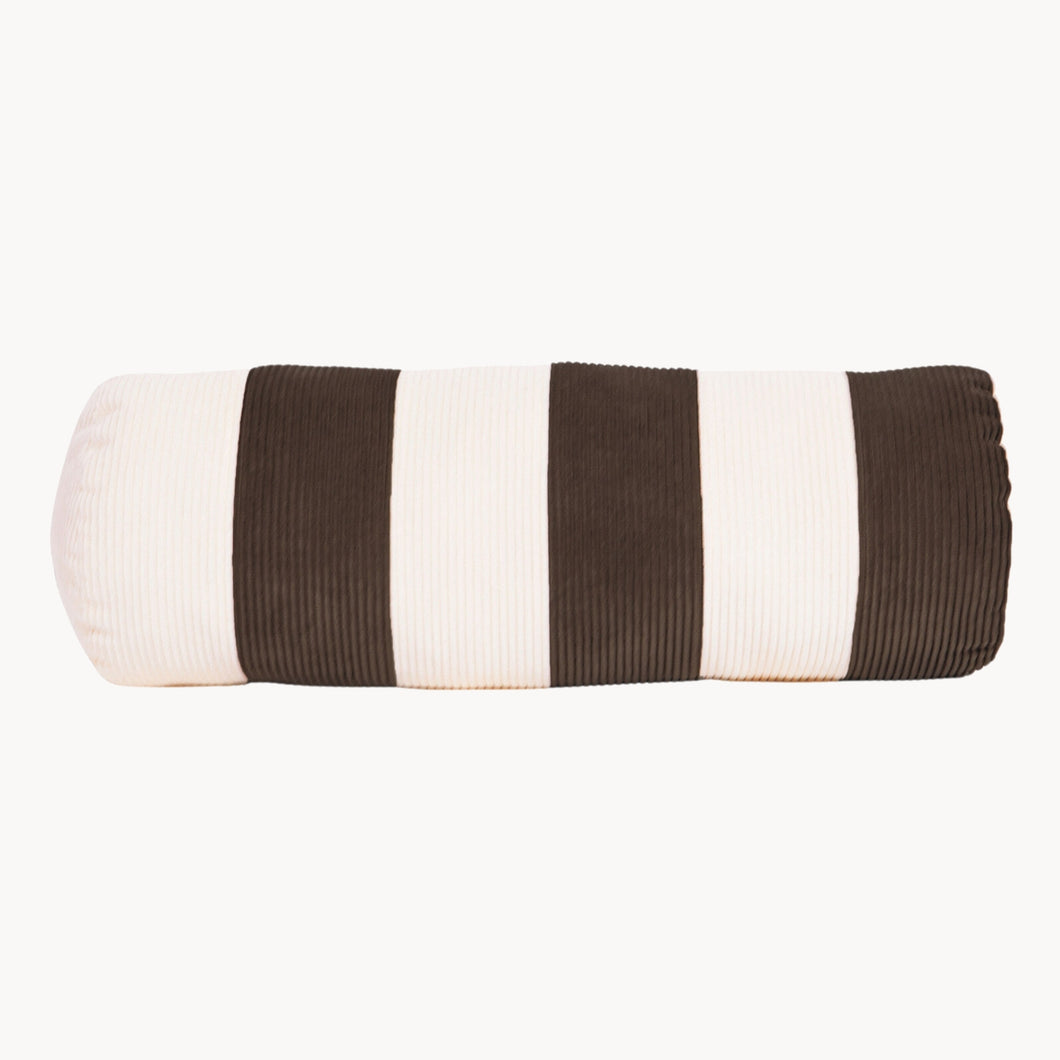 Cream and brown cotton corduroy striped bolster cushion - handmade in UK