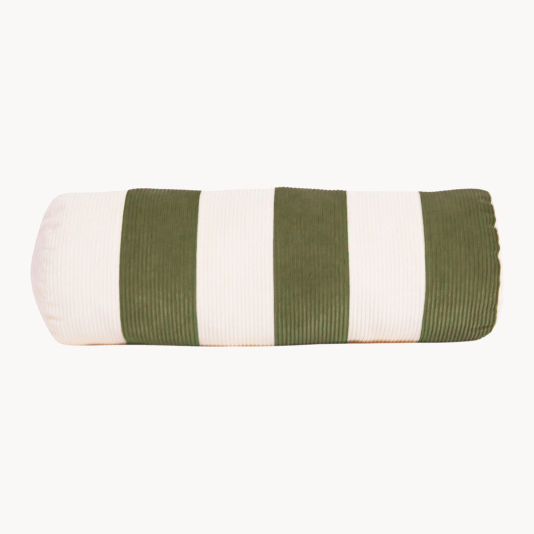 Cream and green cotton corduroy striped bolster cushion - handmade in UK