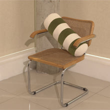 Load image into Gallery viewer, Cream and green cotton corduroy striped bolster cushion on chair - handmade in UK
