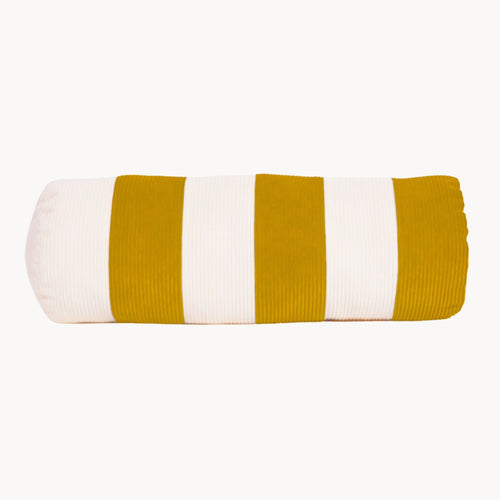 Cream and yellow cotton corduroy striped bolster cushion - handmade in UK