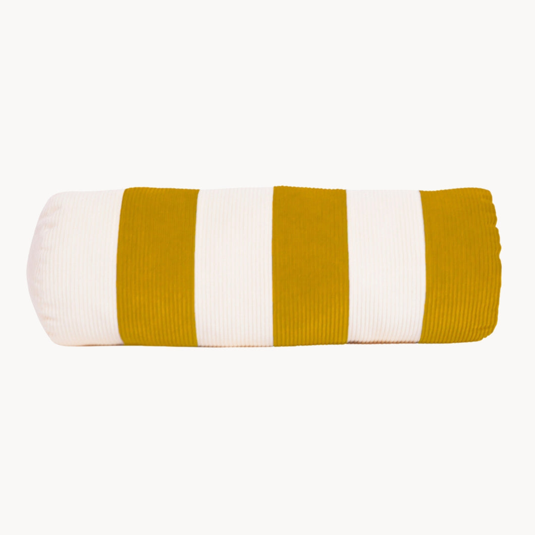 Cream and yellow cotton corduroy striped bolster cushion - handmade in UK