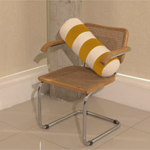 Load image into Gallery viewer, Cream and yellow cotton corduroy striped bolster cushion on chair - handmade in UK
