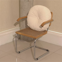 Load image into Gallery viewer, Cream cotton corduroy round cushion on chair - handmade in UK

