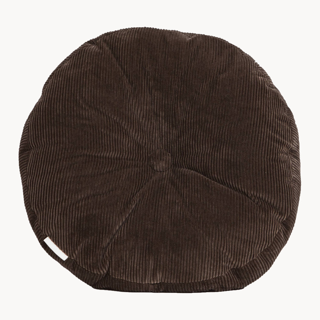 Brown cotton corduroy round cushion - handmade in UK