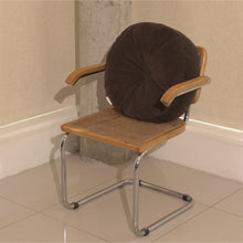 Load image into Gallery viewer, Brown cotton corduroy round cushion on chair - handmade in UK
