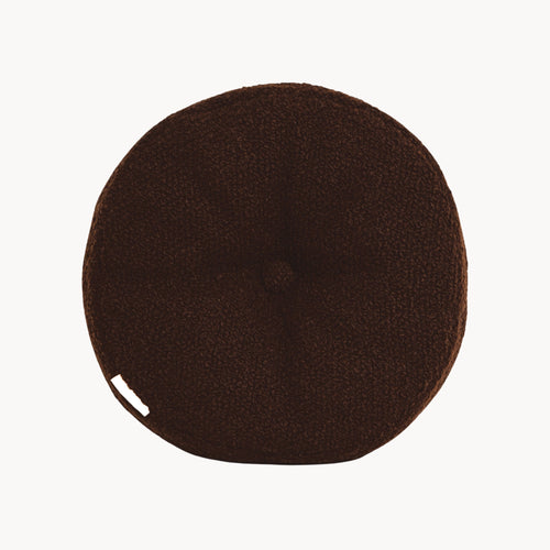 Brown wool bouclé round cushion - handmade in UK