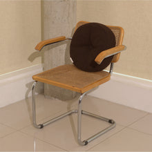 Load image into Gallery viewer, Brown wool bouclé round cushion on chair - handmade in UK
