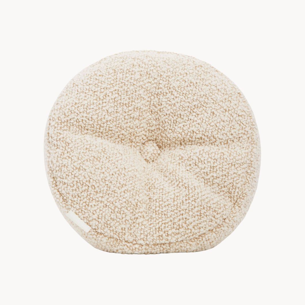 Cream wool bouclé round cushion - handmade in UK