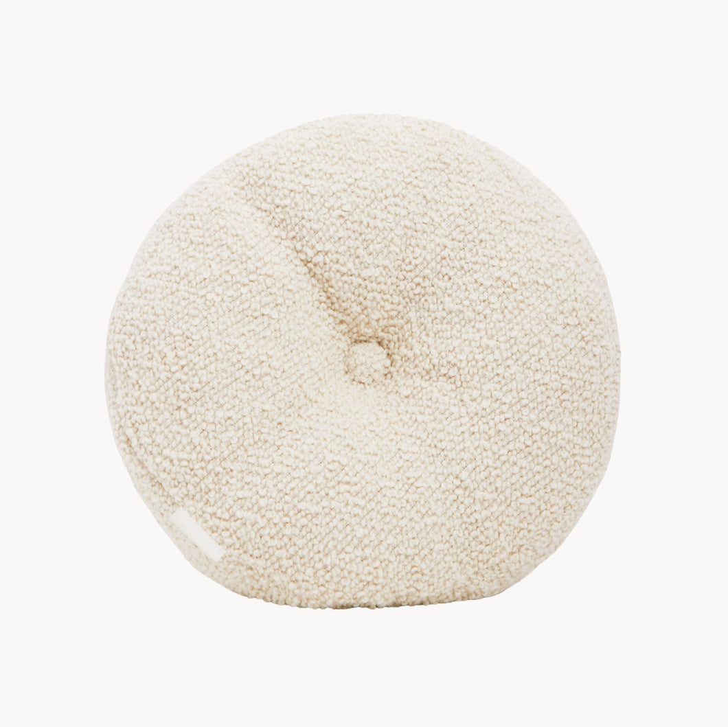 Cream wool bouclé round cushion - handmade in UK