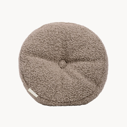 Beige wool bouclé round cushion - handmade in UK