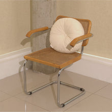 Load image into Gallery viewer, Cream cotton corduroy round cushion on chair - handmade in UK
