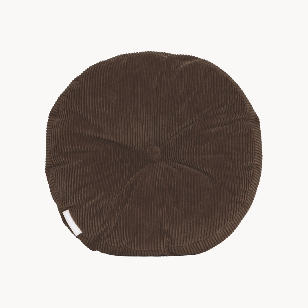 Brown cotton corduroy round cushion - handmade in UK