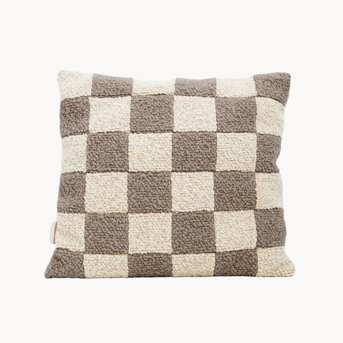 Cream and beige wool bouclé checkered square cushion - handmade in UK