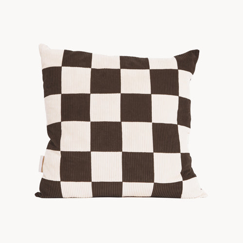 Cream and brown cotton corduroy checkered square cushion - handmade in UK