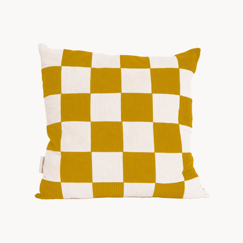 Cream and yellow cotton corduroy checkered square cushion - handmade in UK