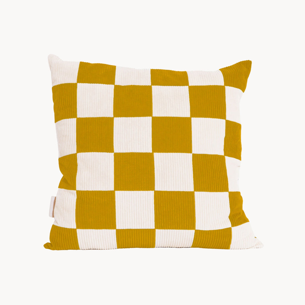 Cream and yellow cotton corduroy checkered square cushion - handmade in UK
