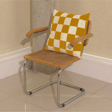 Load image into Gallery viewer, Cream and yellow cotton corduroy checkered square cushion on chair - handmade in UK
