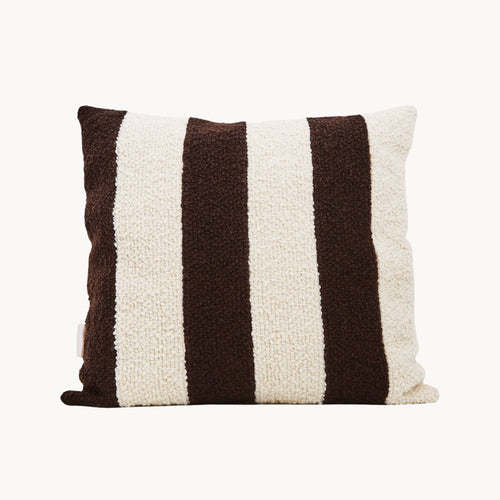 Cream and brown wool bouclé striped square cushion - handmade in UK