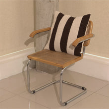 Load image into Gallery viewer, Cream and brown wool bouclé striped square cushion on chair - handmade in UK

